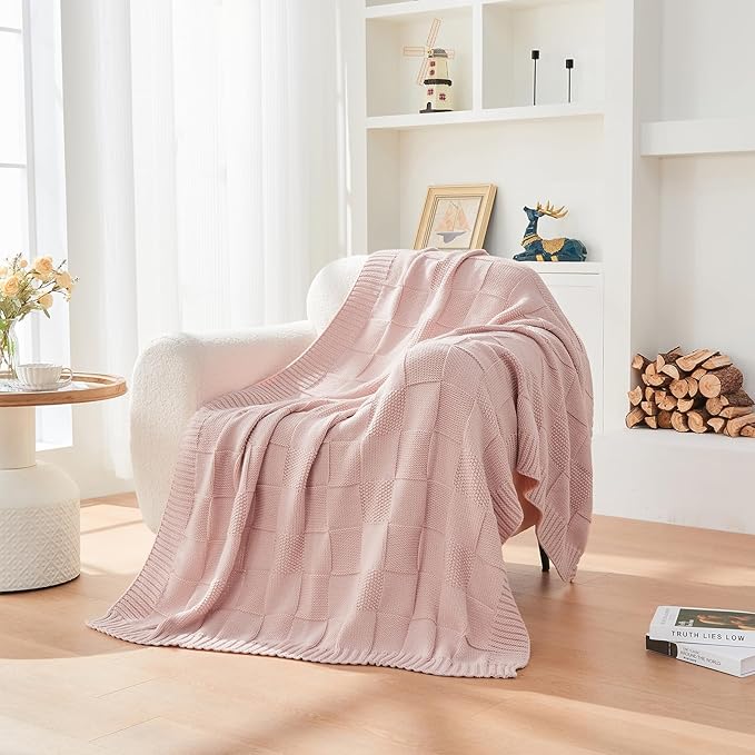 CozeCube Check Knit Throw Blanket, Pink Checkered Throw for Couch, Decorative Christmas Soft Cozy Warm Knitted Blanket for Bed Sofa Living Room, 50"X60"-Ruum Studio Home