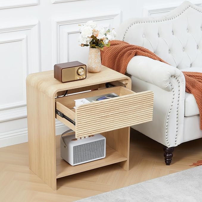 Fluted Nightstand Set of 2 with Charging Station, Modern Bed Side Table End Table with Drawer Storage, Large Wooden Night Stands Bedside for Bedroom Living Room Sofa Office, Natural 2 Sets-Ruum Studio Home