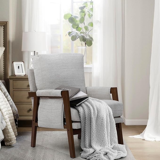 Modern Accent Chairs Set of 2 for Living Room Mid Century Arm Chairs Upholstered Bedroom Chairs Comfy Lounge Chairs with Solid Wood Frame, White-Ruum Studio Home
