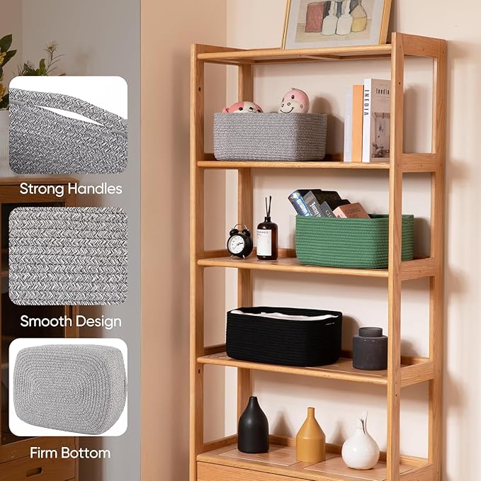 OIAHOMY 4 Pack 14.17*11.02*6.3IN Storage Baskets for Organizing Shelves, Woven Rope Baskets for Organizing Books, Clothes, Decorative Basket for Living Room, Nursery, Bedroom, Gift Basket, Grey-Ruum Studio Home