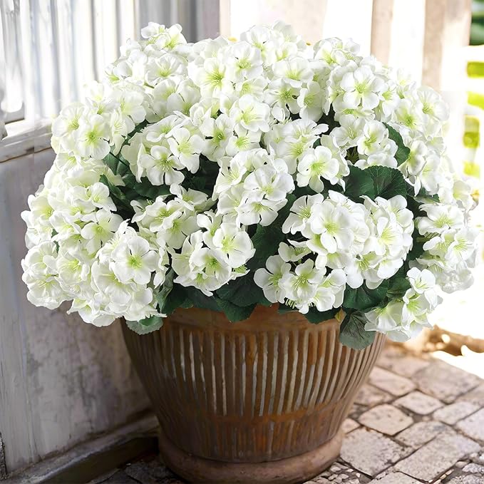 Hananona 12 Pcs Artificial Geranium Flowers for Outdoors Geranium Silk White Flower Outdoor UV Resistant Garden Plants Faux Flowers for Home Kitchen WeddingTable Centerpieces Decor (12, White)-Ruum Studio Home
