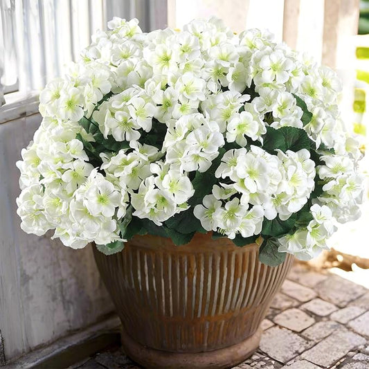 Hananona 12 Pcs Artificial Geranium Flowers for Outdoors Geranium Silk White Flower Outdoor UV Resistant Garden Plants Faux Flowers for Home Kitchen WeddingTable Centerpieces Decor (12, White)-Ruum Studio Home