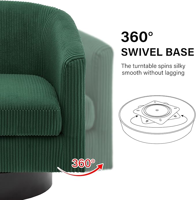 Swivel Barrel Accent Chair, Modern Round Corduroy Fabric Arm Chair for Living Room, Bedroom, Comfy Club Reading Chairs for Adults, Corduroy Dark Green-Ruum Studio Home