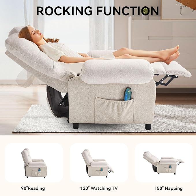 KCREAM Massage Chair Recliner with Heating,Recliner Chair for Adults,Small Recliners for Small Spaces Overstuffed Reclining Chairs Single Sofa Recliners with Side Pocket for Living Room,Fabric Beige-Ruum Studio Home