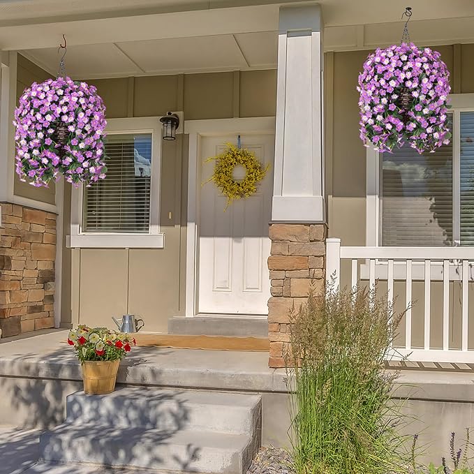 Artificial Fake Hanging Flowers with Basket for Outdoor Decoration,UV Resistant Faux Silk Light Fuchsia and Fuchsia Orchid Flowers Vines in Planter Realistic Hanging Baskets for Home Porch Garden-Ruum Studio Home