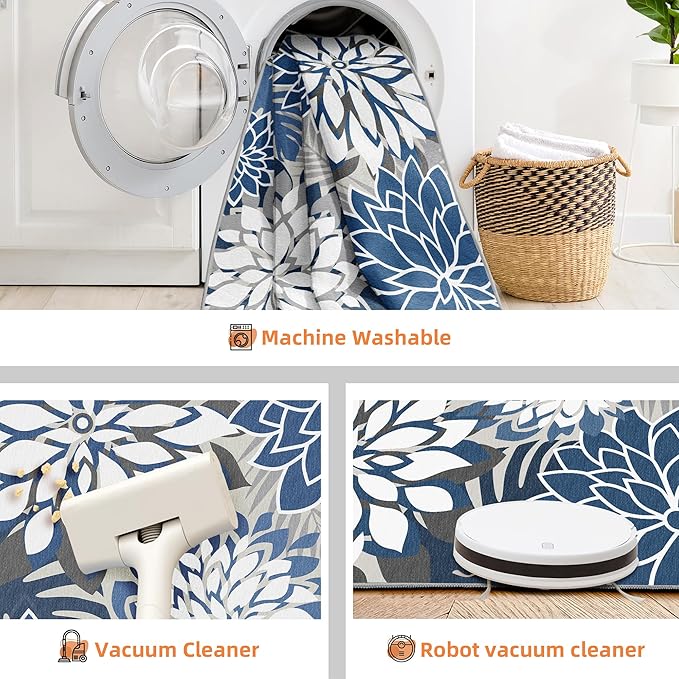 Indoor Outdoor Area Rug Washable Multicolored Patio Rug Tropical Botanical Modern Floral Indoor Outdoor Carpet Blue White Rug Non Slip for Patio, Deck, Backyard, Porch (5x8)-Ruum Studio Home
