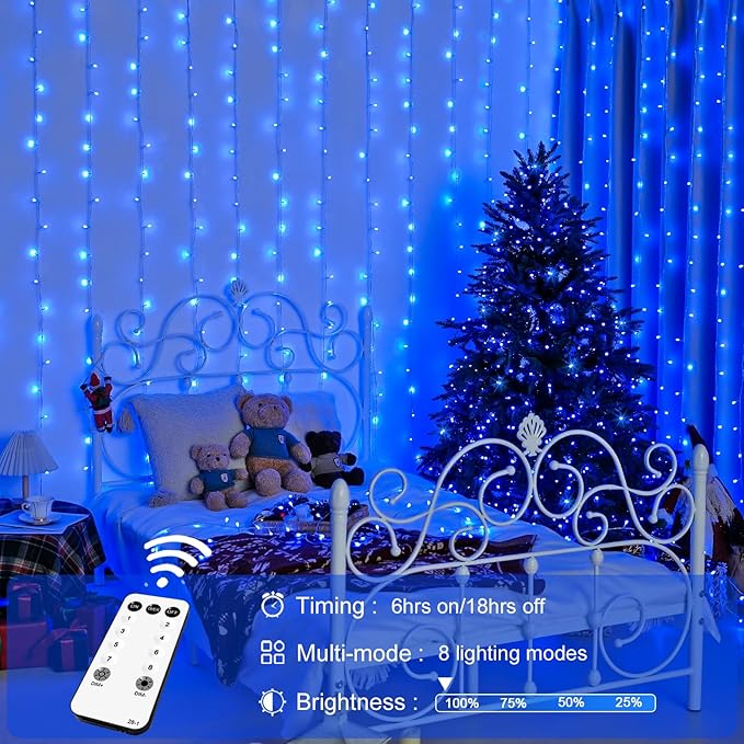 JMEXSUSS 300LED Christmas Curtain Lights, Blue Christmas Lights with Remote, Blue String Lights for Bedroom Wall Window Backdrop Garden Indoor Outdoor Patio Yard Porch Decorations, 9.8x9.8ft-Ruum Studio Home
