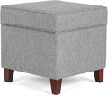 Adeco 17" Square Ottoman with Storage, Small Blue Storage Ottoman Foot Rest with Hinged Lid & Solid Wood Legs, Linen Fabric Foot Stool for Living Room & Bedroom-Ruum Studio Home