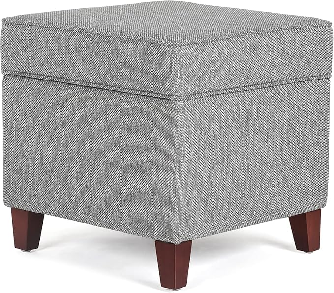 Adeco 17" Square Ottoman with Storage, Small Blue Storage Ottoman Foot Rest with Hinged Lid & Solid Wood Legs, Linen Fabric Foot Stool for Living Room & Bedroom-Ruum Studio Home