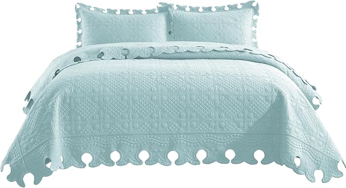 MarCielo 3-Piece 100% Cotton Oversized Bedspread Lightweight Quilt Coverlet Embroidery Farmhouse Bedding Set (TW Mint Green Blue, Oversized King (118"x106"))-Ruum Studio Home
