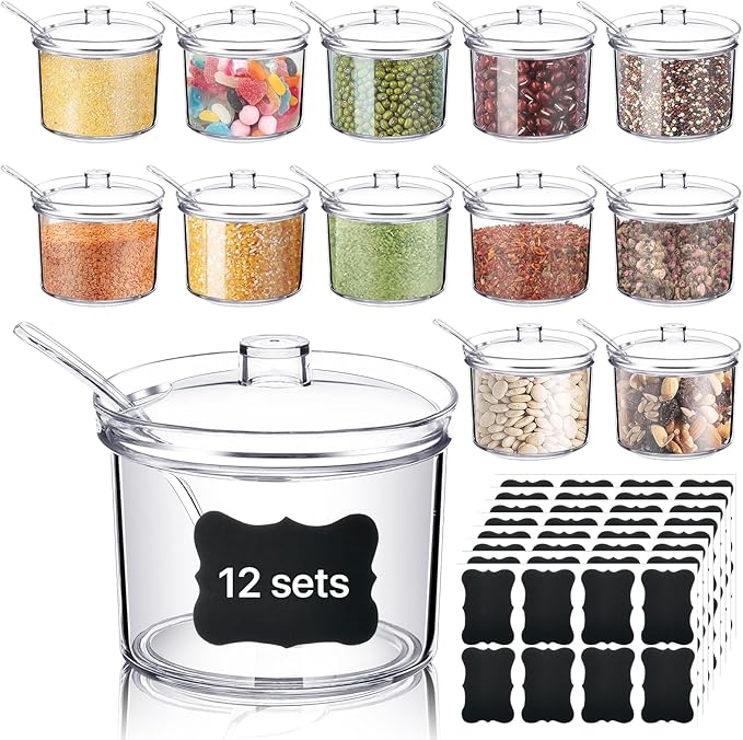 12 Pcs Acrylic Sugar Bowl with Lid and Spoon,7.1 Oz Clear Condiment Storage Pot,Sugar Jar Spices Container for Home Kitchen,Coffee Bar,Restaurant-Ruum Studio Home