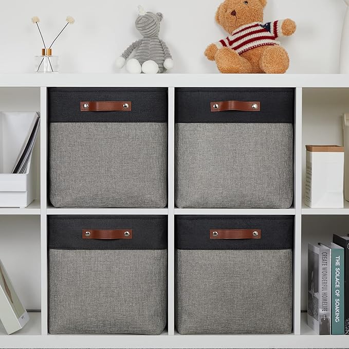 DULLEMELO Storage Bins for Organizing,Closet Storage Baskets for Gift Empty,Large Linen Canvas Storage Bins with Handles for Home Office Toys Shelves(Black&Grey, 13 inch Cube)-Ruum Studio Home