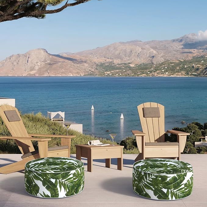 Inflatable Ottoman Stool D21 xH9 for Outdoor/Indoor Use, Water Repellent Patio Foot Rest Stool with Portable Handle,Round Pouf Ottoman Suitable for Garden,Deck and Camping - Palm Green-Ruum Studio Home