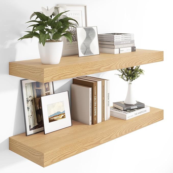 Heimlove 12 Inch Deep Floating Shelves, 48 x 12 inches Long Wall Shelf, Large Display Shelf & Storage Shelf, Rustic Wood Wall Shelves for Fireplace Mantel, Set of 2(Oak)-Ruum Studio Home