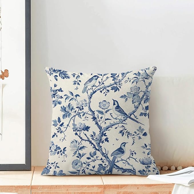 CXMEIFLY Spring Floral Pillow Covers 18 x 18 Inch Set of 2 for Navy Blue Chinoiserie Flowers Bird Decor Throw Pillows Vintage Plant Outdoor Decorative Cushion Cases for Couch Bed Decorations-Ruum Studio Home