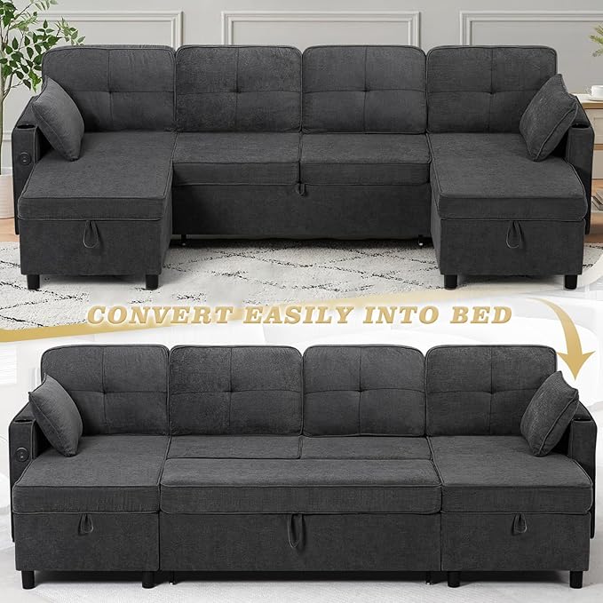 110 Inches Chenille Sectional Sofa w/Adjustable Back & Pull Out Sofa Bed, Tufted U Shaped Couch w/Two Storage Chaises, Sleeper Sectional Sofa w/USB Port & Cup Holders for Living Room, Grey-Ruum Studio Home