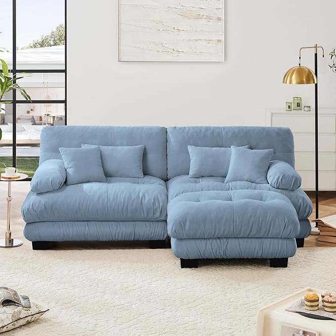 Modular Sectional Sofa, Comfy Cloud Couch Oversized Loveseat with Ottoman, Sectional Couches for Living Room, Modern Chenille L Shaped Couch, Sleeper Deep Seat Sofa with Throw Pillows, Blue-Ruum Studio Home
