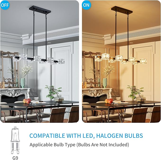 XINGQI Modern Chandeliers for Dining Room Over Table, 8-Light Rectangular Kitchen Island Light Fixture, Linear Farmhouse Metal Glass Black Vintage Hanging Lamp for Living Room Bar-Ruum Studio Home