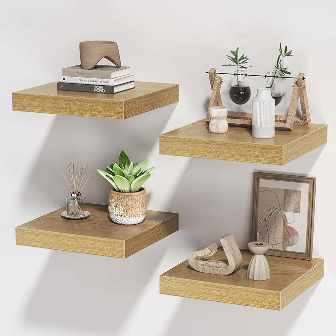 Square Floating Shelves for Wall, 10" W x 10" D x 1.2" H, Small Wooden Wall Mounted Display Shelves with Invisible Brackets for Living Room, Bedroom, Bathroom, Kitchen Decor, Set of 4, Oak-Ruum Studio Home