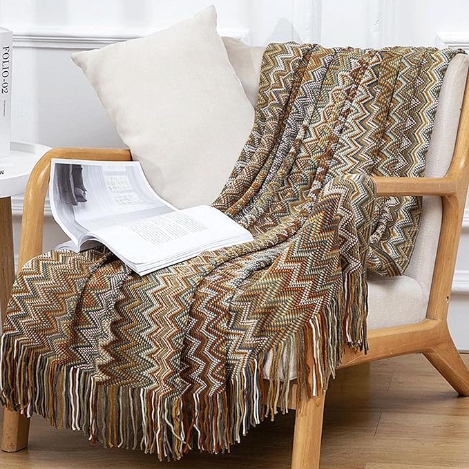 Boho Throw Blanket - Bohemian Fringe Tassels， for Bed Couch Soft ChairBlanket Double Sided (50"x70") (Khaki)-Ruum Studio Home