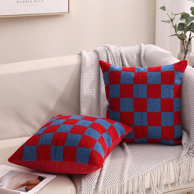 Alysheer Checkered Embroidered Decorative Throw Pillow Covers 18"x 18" Set of 2, Classic Chic Red Blue Plaid Tufted Patterned Cotton Canvas Cushion Case for Sofa Couch Bed Living Room-Ruum Studio Home