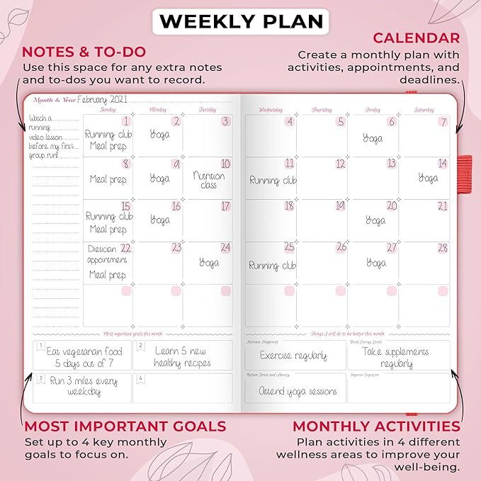 GoGirl Food Journal & Wellness Planner –– Diet & Fitness Diary – Nutrition Journal with Meal, Exercise & Weigh Loss Tracker, A5 (Maroon)-Ruum Studio Home