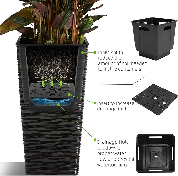 Worth Garden 2-Pack 22" H. Black Square Tapered Planter with Inside Pots - Plastic Plant Pots for Indoor Outdoor - Modern Wavy Finish Decorative Flower Pots for Front Porch Containers Patio Deck-Ruum Studio Home