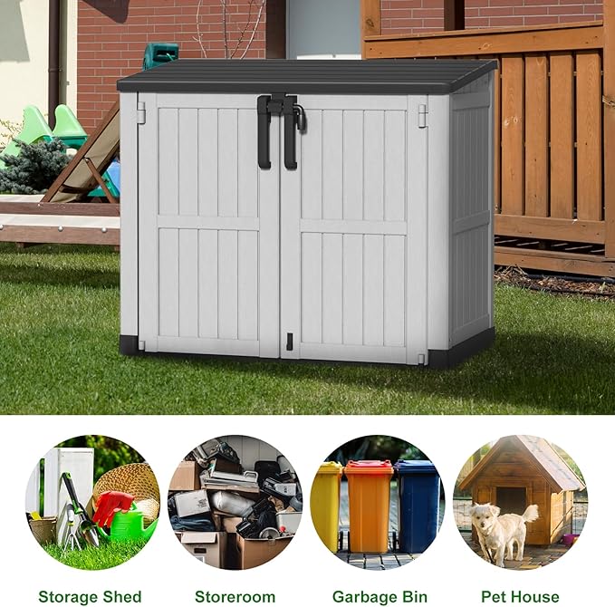 Outdoor Storage Shed Resin Tool Shed, 36 Cu Ft Waterproof Outdoor Horizontal Storage, Weather-Resistant Utility Shed with Air Vent for Trash and Lockable Doors, Garden Tools-Ruum Studio Home