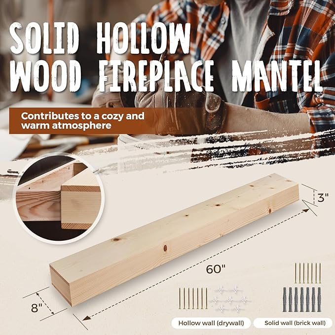 60x8x3 Fireplace Mantel - Handcrafted Hollow Rustic Solid Wood Wall Mounted Floating Shelf - DIY Color - with Invisible Heavy Duty Wood Bracket-Ruum Studio Home