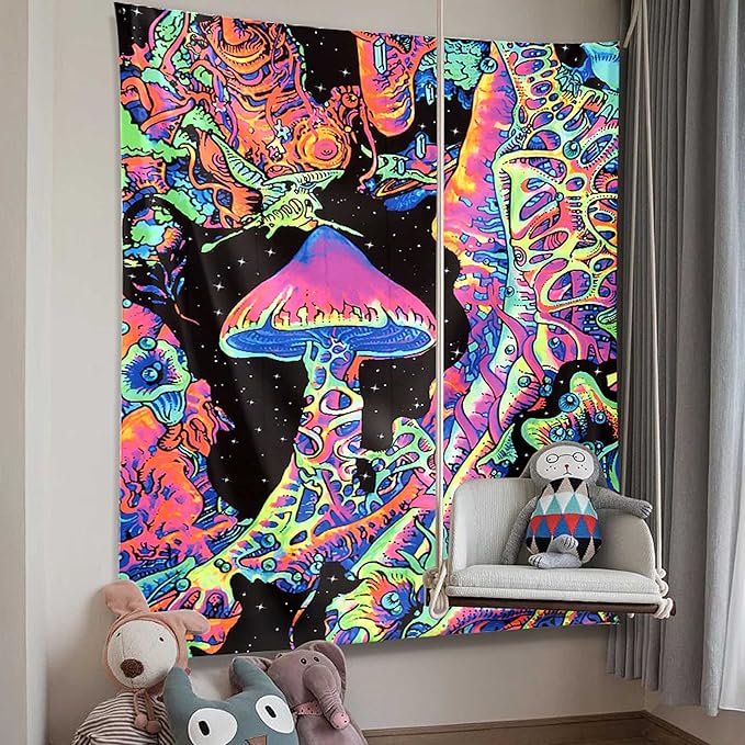 ADDWel Blacklight Mushroom Tapestry, Upright Tapestry Glow In The Dark, UV Reactive Black Light Tapestries Posters Wall Hanging for Backdrop Bedroom Dorm Living Room Decor(60"x80")-Ruum Studio Home