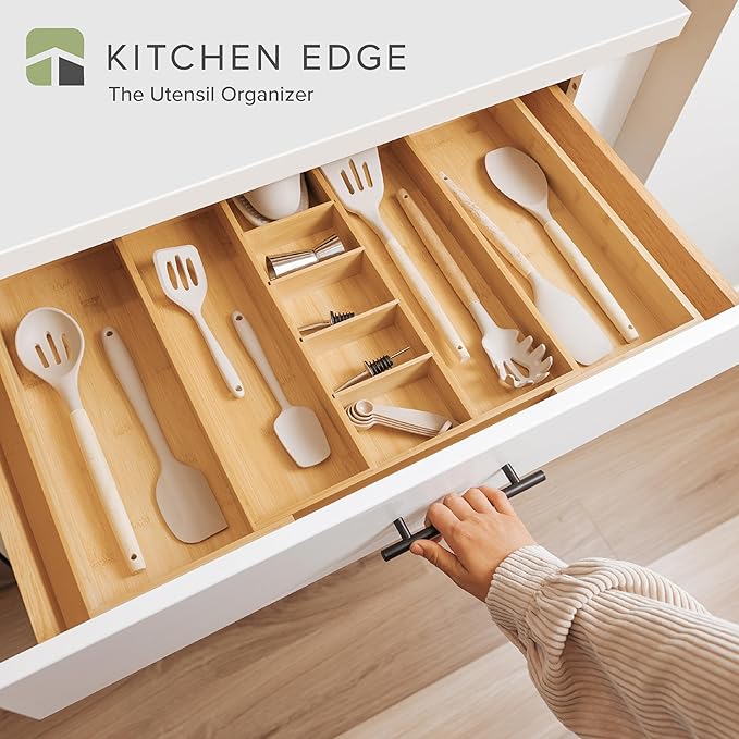 Adjustable Kitchen Drawer Organizer for Utensils and Junk, Food-Safe Contract Grade with 100% Sustainable Wood, Expandable from 16 to 28 Inches Wide - Natural Bamboo-Ruum Studio Home