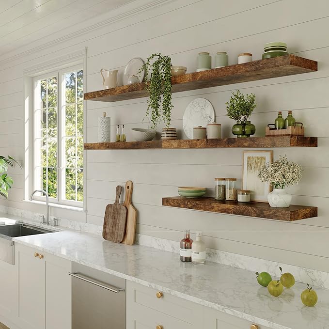 Large Floating Shelves for Wall Set of 3 Wooden Wall Shelves 36 in x 12.75 in x 2 in Room Decor Long Shelf with Invisible Wall Mount Bracket for Bedroom Kitchen Living Room Rustic Brown-Ruum Studio Home
