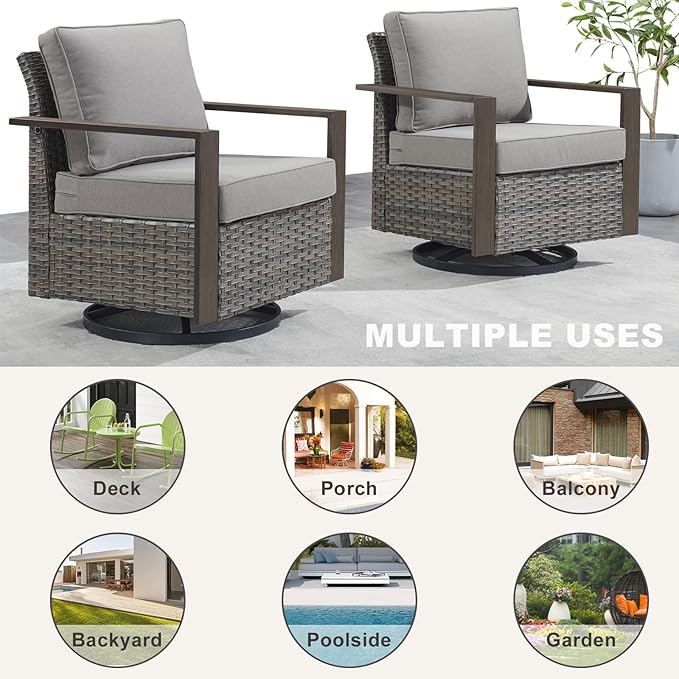 Outdoor Patio Swivel Rocker Chairs - Wicker Rattan Patio Swivel Rocking Chairs Set of 2 with Metal Wide Armrest, Thick Cushions and Deep Seating for Deck Porch Sunroom Garden(Mixed Grey/Grey)-Ruum Studio Home