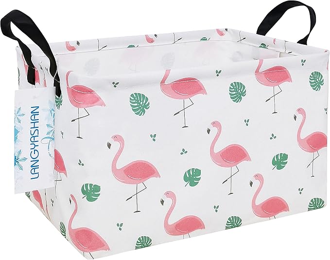 LANGYASHAN Rectangular Storage Bin Collapse Canvas Fabric Cartoon Storage Basket with Handles for Organizing Home Kitchen Boys and Girls Toys Office Closet Shelf Baskets(Rec Leaf Flamingo)-Ruum Studio Home