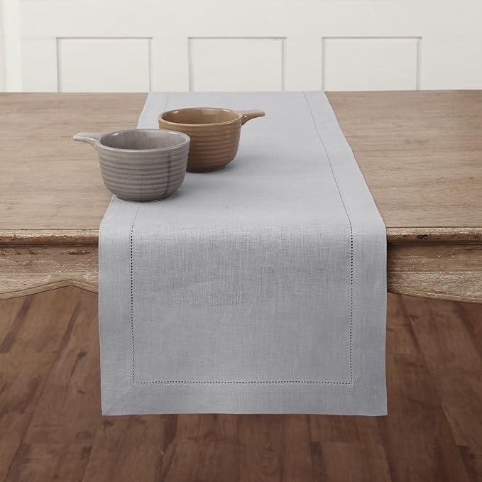 Solino Home Linen Soft Grey Table Runner 120 Inches Long - 100% Pure Linen Hemstitch 14 x 120 Inch Table Runner for Dining, Fall, Autumn, Thanksgiving - Classic Hemstitch-Ruum Studio Home
