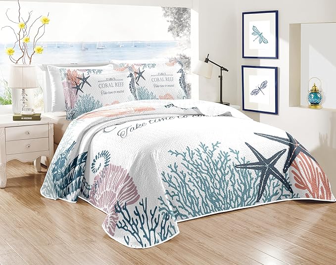 Coastal Bedding King Size 2 Shams, Nautical Beach Comforter Sets Ocean Bedspreads Coastal Coverlet Summer Bedding, 96''x106''-Ruum Studio Home
