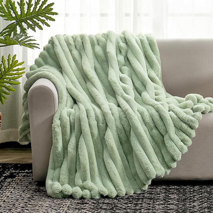 Cozy Bliss Faux Fur Throw Blanket for Couch, Cozy Warm Plush Striped Blanket for Sofa Bedroom Living Room, 60 * 80 Inches Sage Green-Ruum Studio Home