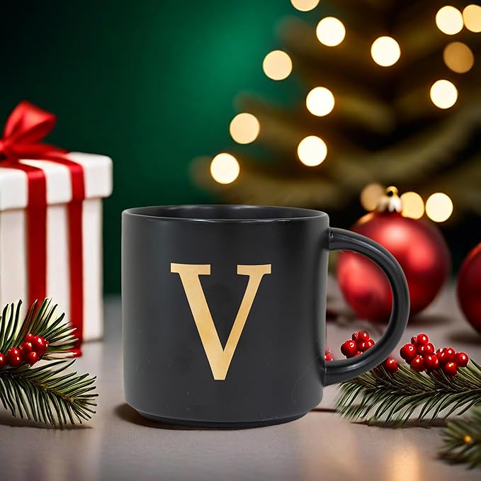 COLLECTIVE HOME - Monogram Ceramic Mugs, 15 oz Golden Initial Black Coffee Cups, Elegant Alphabet Tea Mugs, Elegant Personalized Mug with Gift Box, Unique Mug with Double Side Capital Lette (V)-Ruum Studio Home