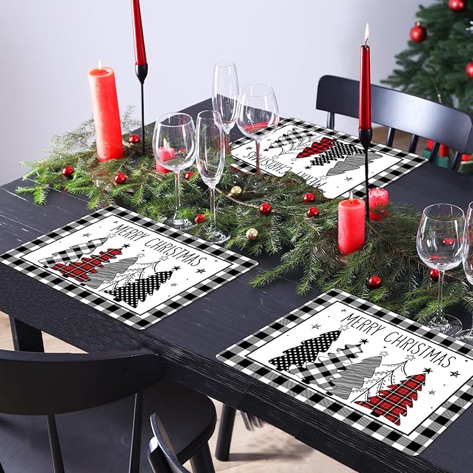 Christmas Placemats Set of 6 Christmas Tree Plastic Table Mats Xmas Trees Black and White Buffalo Plaid Place Mats Winter Holiday Table Decoration for Indoor Outdoor Party Kitchen Dining-Ruum Studio Home