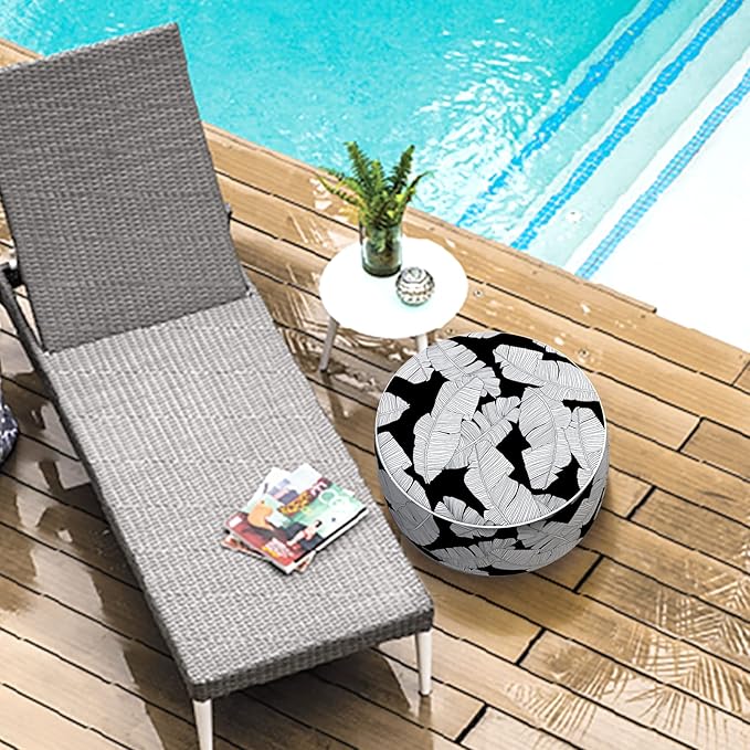 LVTXIII Inflatable Stool Ottoman Footrest with Handle, Indoor or Outdoor Foot Rest for Home Patio Garden and Camping, D21 x H9, Black Lush Leaf Jungle-Ruum Studio Home