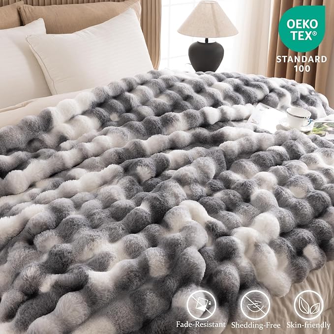 Cozy Faux Fur Throw Blanket for Bed-Warm Fuzzy Throw Blanket, Soft Plush Thick Bubble Blankets for Bedroom and Living Room, Furry Luxury Blanket, 90 x 108,Tie-Dye Grey-Ruum Studio Home