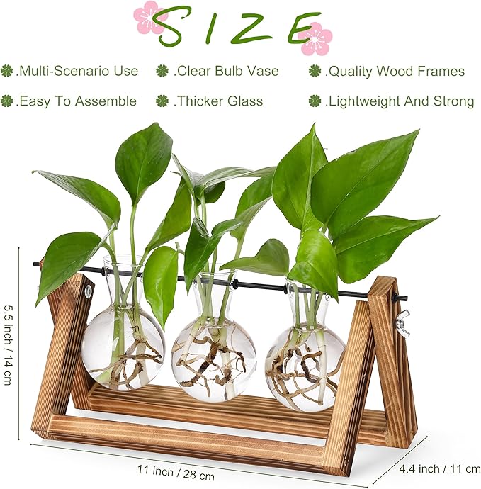 YIBOT Plants Propagation Stations,Desk Plant Terrarium with Retro Wooden Stand,Plant Lover Gifts for Women for Hydroponics Plants Home Garden Wedding Decor(3 Bulb Vase)-Ruum Studio Home