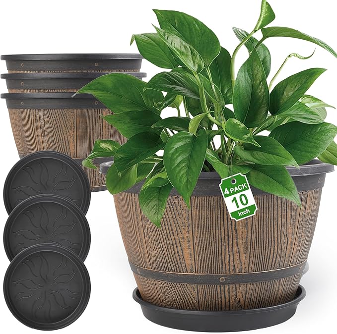 10-inch-Plant-Pots-Indoor-Outdoor, 4 Pack Whiskey Barrel Planters with Drainage Holes & Saucer, Plastic Flower Pots Imitation Wine Barrel Design, Decorative Garden Pots for Plants-Ruum Studio Home
