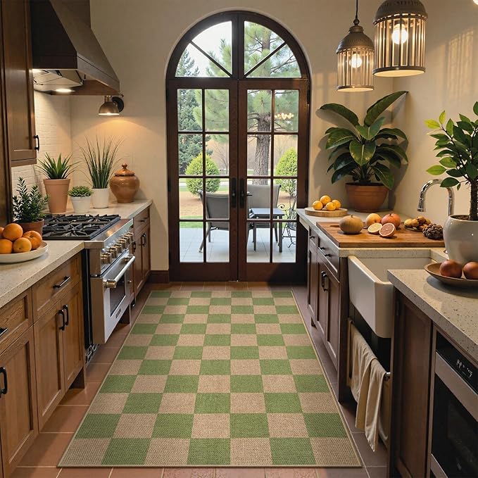 Lahome Checkered 3x5 Washable Rug, Green Easy Jute Rug for Entryway Living Room, Modern Non Slip Non Shedding Indoor Outdoor Carpet for Porch Deck Kitchen-Ruum Studio Home