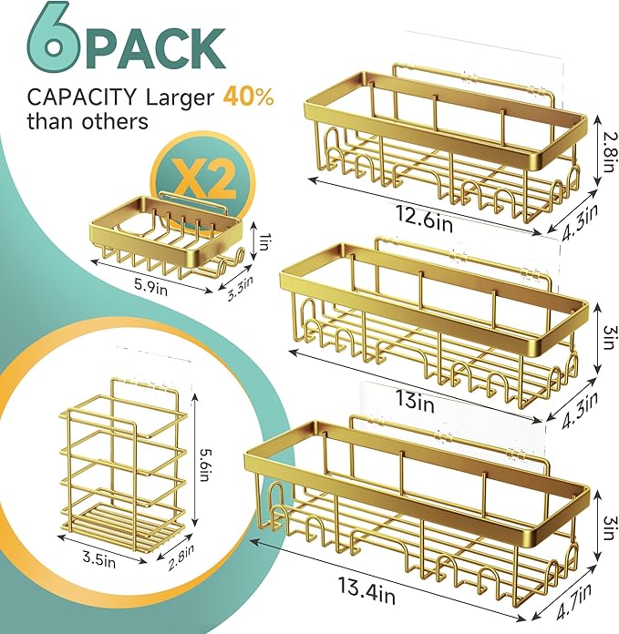 Veken Adhesive Shower Caddy 6-Pack,Gifts for Women Mom,Heavy Weight Bearing,Large Wall Mounted Bathroom Shelves Rack,Organizer Storage Accessories with Soap Dish&Toothbrush Holder,Bright Gold-Ruum Studio Home