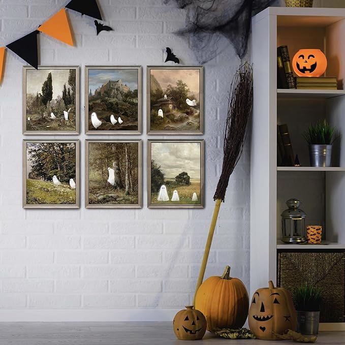LANCHI95 6 Pcs 8x10in Halloween Wall Art Prints, Vintage Posters, Cute Ghost Pictures for Bedroom Decor (UNFRAMED)-Ruum Studio Home