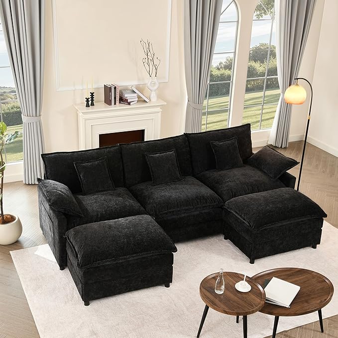 108" U Shaped Couch, Modular Sectional Sofa, 3-Seater Comfy Cloud Couch with Movable Ottoman, Deep Seat Couches for Living Room, Chenille, Black-Ruum Studio Home
