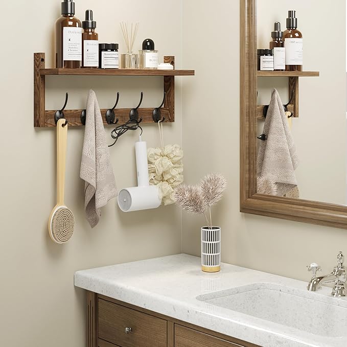 AMBIRD Wall Hooks with Shelf - Wooden Entryway Organizer with 5 Dual Hooks, Retro Wall-Mounted Coat Hook Rack for Bathroom, Living Room, Bedroom (17.12 Inch)-Ruum Studio Home