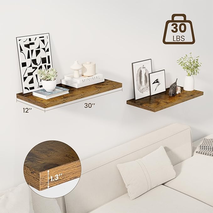 30" Floating Shelves for Wall, 12" Deep Slim Rustic Brown Floating Shelves, Wall-Mounted Shelves for Bedroom, Living Room, Kitchen, Bathroom - Set of 2-Ruum Studio Home