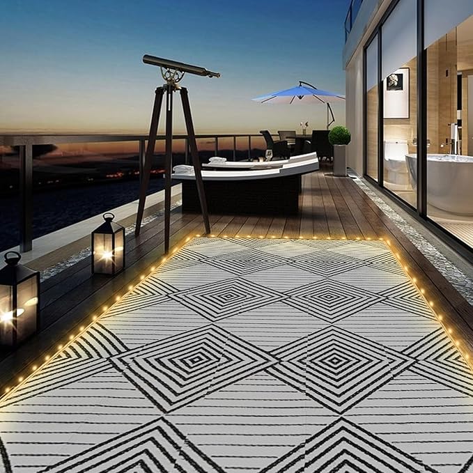 8x10ft Waterproof Outdoor Rug with LED Lights, Foldable Reversible Plastic Straw Mat for Patio RV Camping Picnic Balcony Beach Deck Indoor Outdoor Carpet, Black&White-Ruum Studio Home